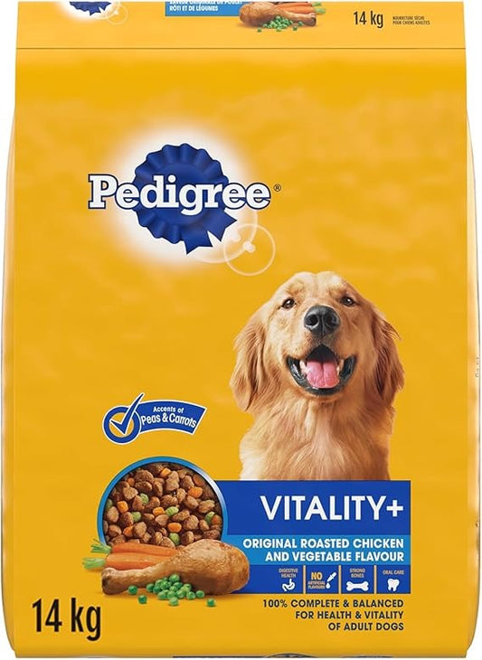 PEDIGREE VITALITY+ Dry Food For Adult Dogs – Roasted Chicken &amp; Vegetable Flavour - Supports Strong Bones and Healthy Teeth – With Calcium, 14kg Bag
