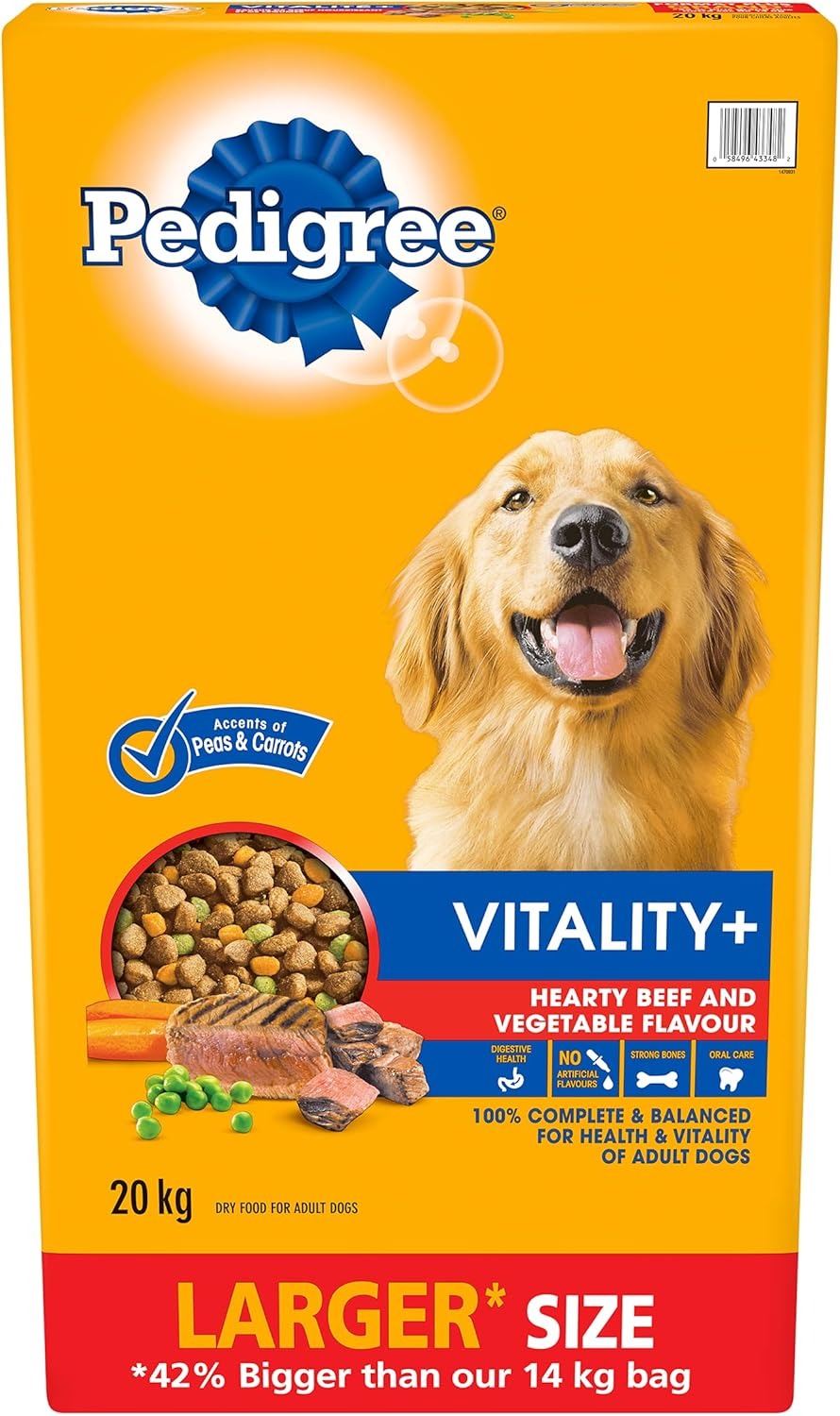 PEDIGREE VITALITY+ Dry Food For Adult Dogs – Roasted Chicken & Vegetable Flavour - Supports Strong Bones and Healthy Teeth – With Calcium, 20kg Bag