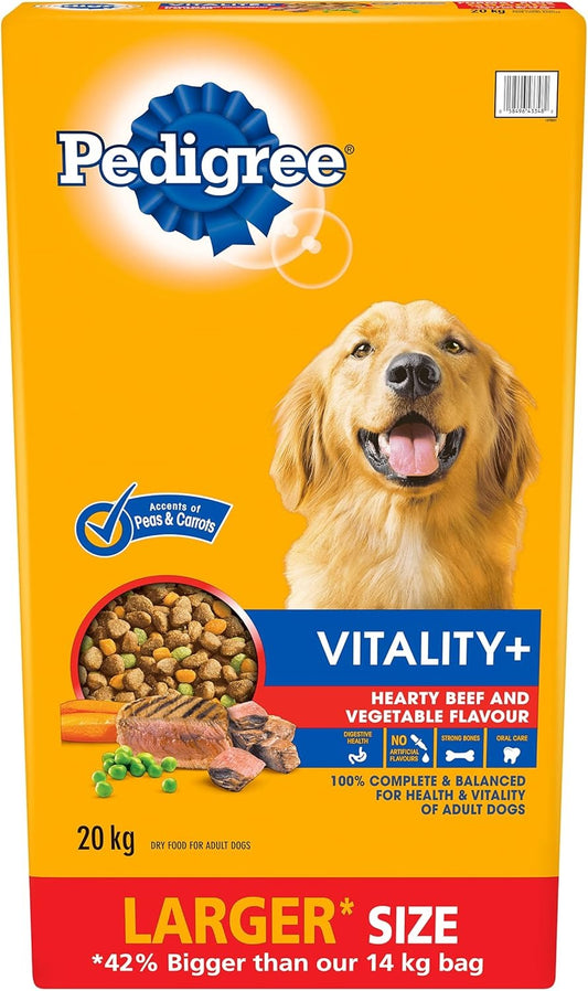 PEDIGREE VITALITY+ Dry Food For Adult Dogs – Roasted Chicken & Vegetable Flavour - Supports Strong Bones and Healthy Teeth – With Calcium, 20kg Bag